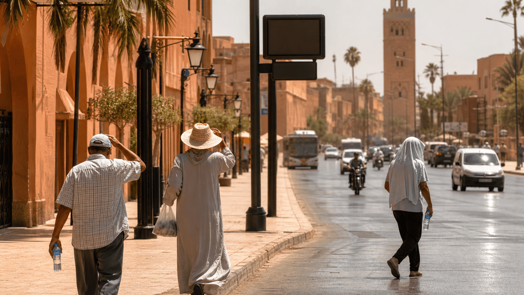 شارع مغربي تحت شمس قوية وسكان يستعملون الماء والقبعات للوقاية من الحر