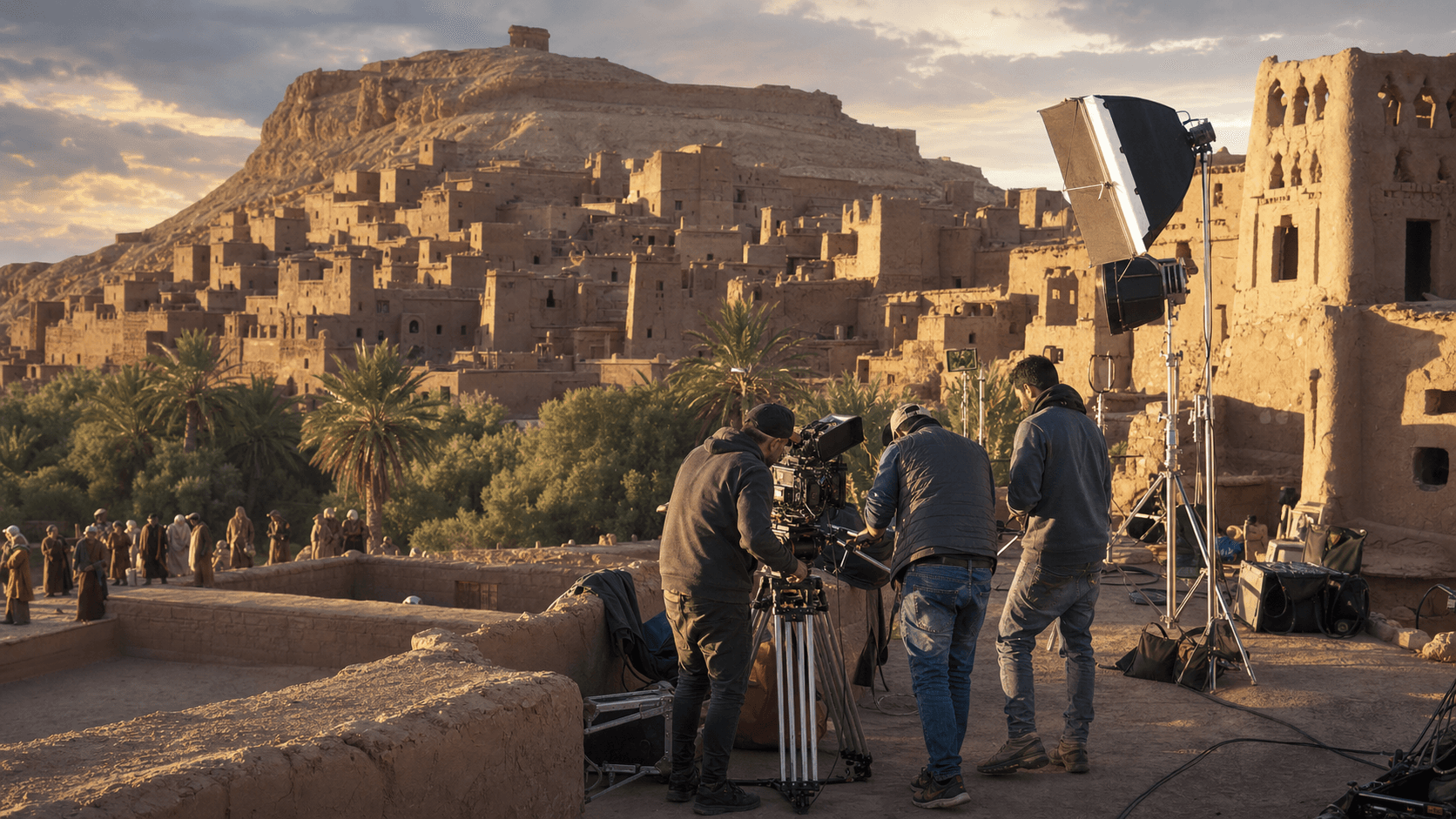 تقنيون سينمائيون مغاربة يجهزون كاميرا وإضاءة أمام عمارة آيت بن حدو